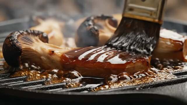 Close up of grilling mushrooms on a barbeque