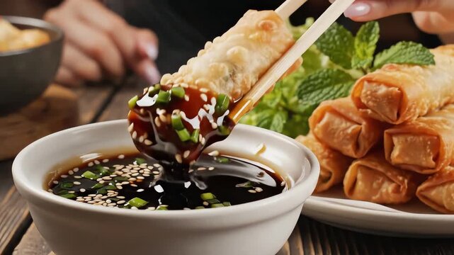Close up of spring rolls being dipped into a sauce with chopsticks on a wooden table