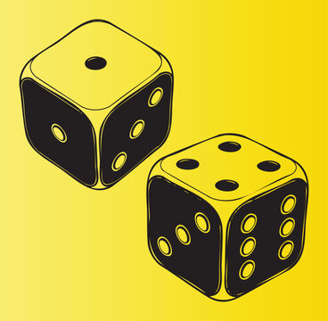 Illustration of two yellow dice with black dots isolated on background