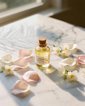 Organic cuticle oil bottle surrounded by flower petals on marble surface  