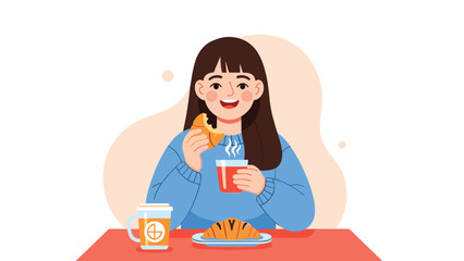 Happy young woman enjoying a delicious breakfast with a croissant and a cup of hot coffee while smiling warmly at the camera in a cafe.