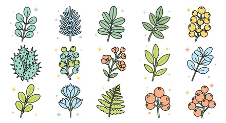 Naklejka premium A vibrant collection of hand-drawn botanical illustrations featuring various plants and flowers in a modern flat style