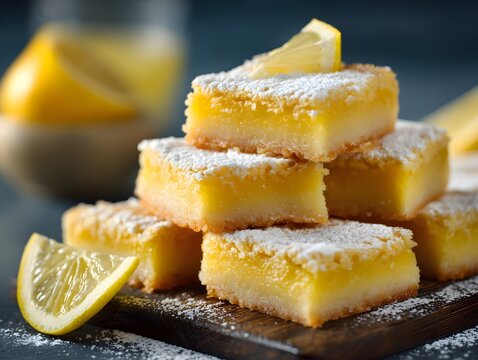 Exquisite Lemon Bars Stacked with Powdered Sugar and Fresh Citrus Garnish, a Bright Dessert Presentation