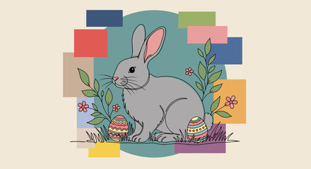 Fototapeta premium A cute gray rabbit surrounded by colorful Easter eggs and flowers in a modern flat design style