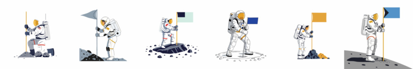 Collection of astronaut illustrations planting flags on lunar surface, symbolizing space exploration and achievement. © Limo