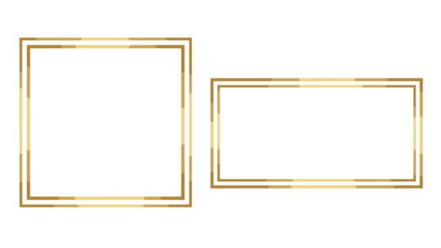 Elegant set of thin golden rectangular and square frames with a metallic gradient effect isolated on a plain white background.