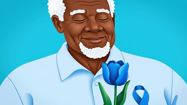 Smiling elderly man with a blue tulip on a blue background