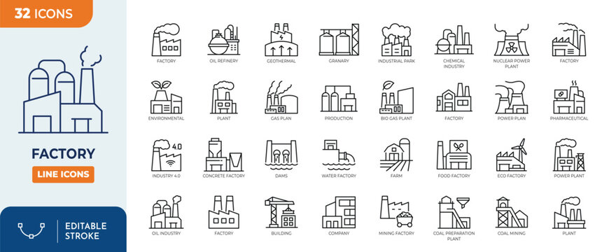 Factory icon set. Contain icons related to factory, plants, industrial, manufacturing, production, energy, and more. Editable stroke. Vector illustration