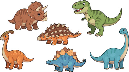 Cute Cartoon Dinosaur Characters Vector Set with Tyrannosaurus Triceratops Stegosaurus Ankylosaurus Parasaurolophus and Brachiosaurus Prehistoric Animals Illustration © MdSobuj