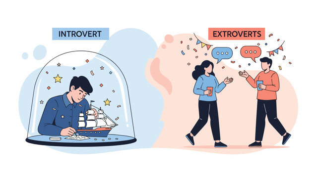 Conceptual illustration comparing an introvert working alone under a dome to extroverts socialising happily at a lively party.