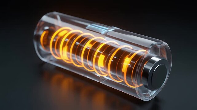 Rotating transparent battery with glowing rings showing energy flow.