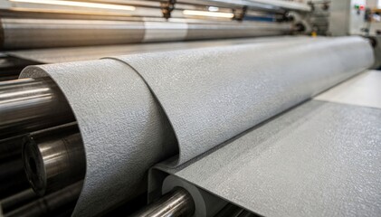 Medium shot of textured PVC sheets produced by heated rollers showcasing the tactile finish and uniform consistency of the material in the manufacturing process.