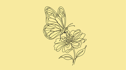 Butterfly perched on a flower, delicate line art illustration.