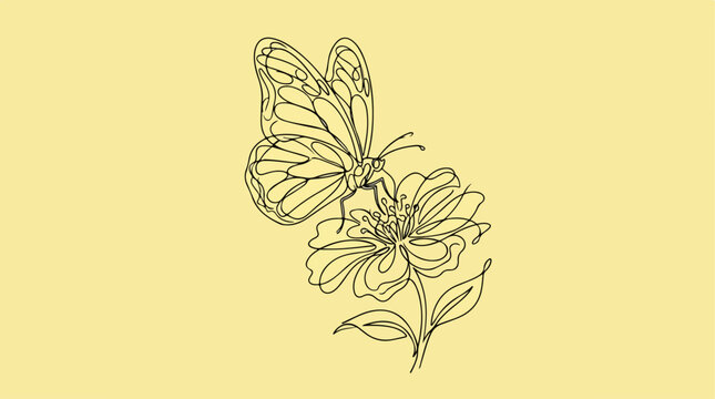 Butterfly perched on a flower, delicate line art illustration.