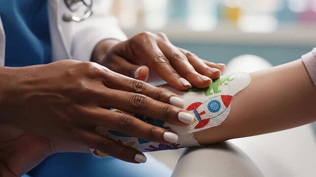 A gentle caregiver delicately applies a colorful bandage to a child's arm, showcasing playful designs. The scene radiates warmth, compassion, and joyful healing in a bright clinic.