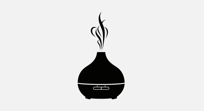 Black aromatherapy diffuser emitting steam, isolated on a light grey background
