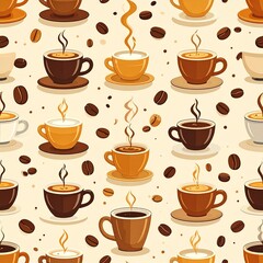 Obraz premium A delightful seamless pattern featuring various steaming coffee cups in warm brown and orange tones, interspersed with scattered coffee beans on a light background.