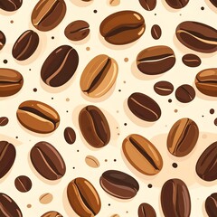 Seamless pattern of various roasted coffee beans scattered on a light background with small dark speckles, ideal for beverage-related designs.