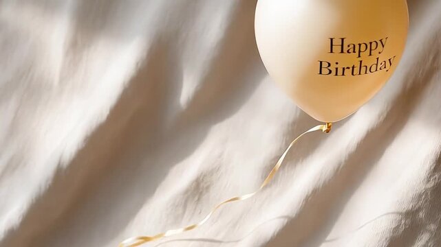 Warm birthday balloon with shadow on elegant white draped background