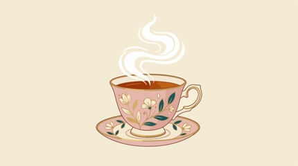 Obraz premium Elegant floral teacup with steam rising, a warm beverage.