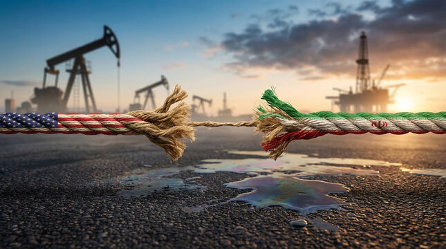 Rope with American and Iranian flags frayed at the center, oil rigs in the background, sunset over, concept of oil politics, economic sanctions, resource control, Middle East conflict, space for text