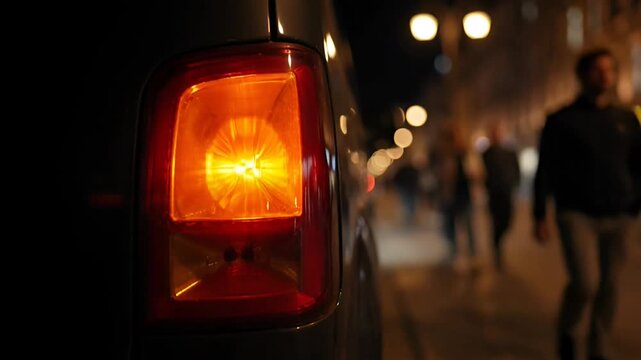 A close-up view of a vehicle's amber indicator light glowing in the twilight, capturing the essence of city life and movement at night