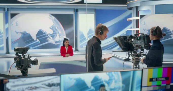 TV Station Production Control Room Captures Crew Cueing Cameras, Signaling Countdowns, Signal Start for Female Anchor. Launch of a Live News Broadcast