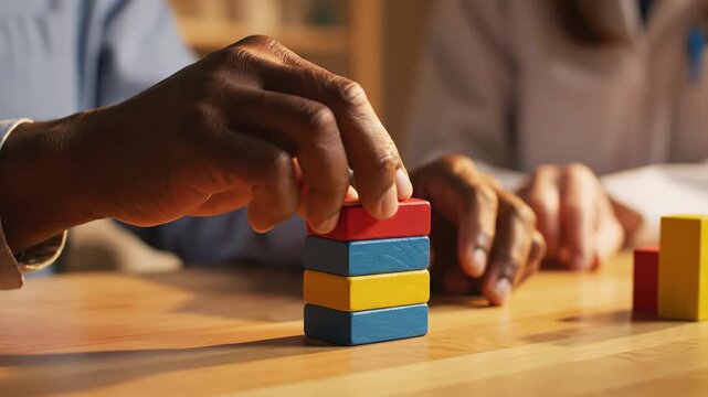 In a cozy workspace lit by soft light, hands expertly stack vibrant blocks of red, yellow, and blue, illustrating a moment of concentration and creativity.