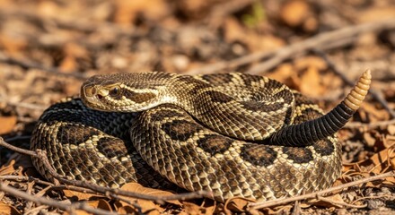 Rattlesnake (Crotalus atrox), coiled on dry leaves, defensive alert posture
