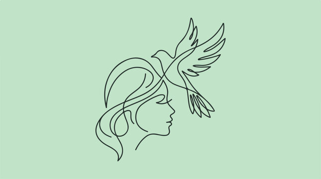 Elegant line art of a womans profile with a dove soaring above her head.