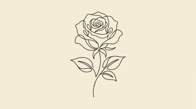 Elegant line art rose illustration on a neutral background.