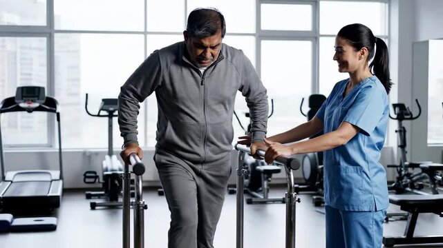In a contemporary rehabilitation center flooded with natural light, a dedicated trainer supports a patient as he performs strength exercises on parallel bars.