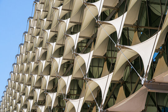 Detailed geometric textile facade of the King Fahad National Library in Riyadh, Saudi Arabia