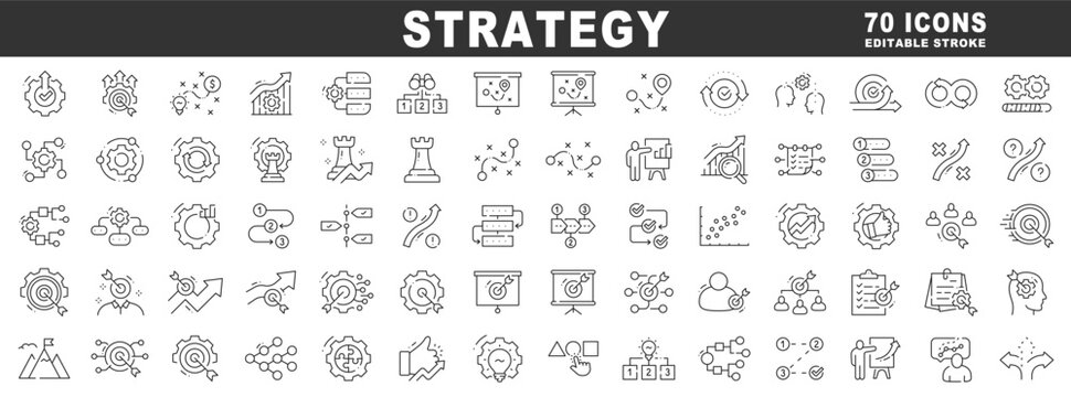 Outline strategy icon set covering planning, roadmap