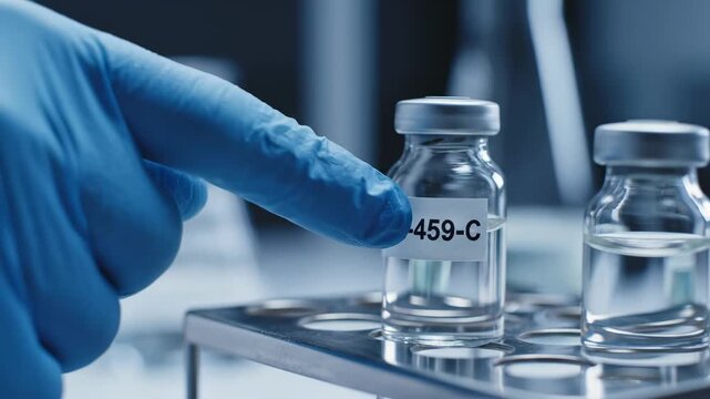 A skilled lab technician in blue gloves gently interacts with neatly arranged vials, each labeled meticulously. The scene conveys a sense of precision and innovation in a modern research setting.