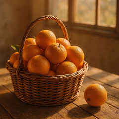 Basket full of fresh oranges on rustic wooden table with warm sunlight
