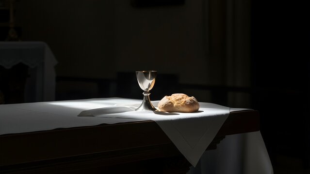 A communion chalice and bread on a church altar representing the Eucharist.