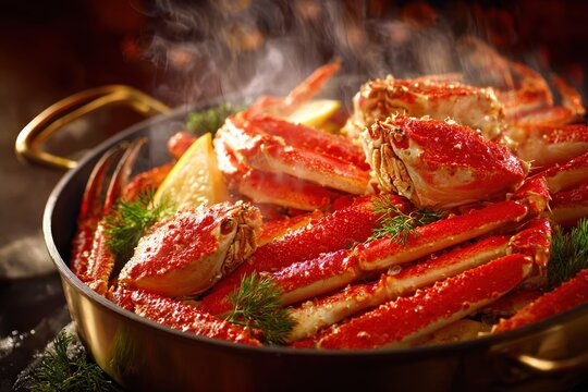 Gourmet crab legs cooked in pan with herbs and lemon. Luxury seafood dish, hot restaurant meal, close up food photography.