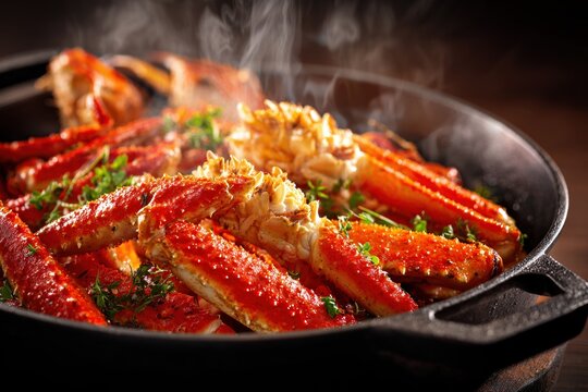 Hot crab seafood dish in pan with herbs and lemon. Premium gourmet food, restaurant cuisine, close up with steam, luxury meal concept.