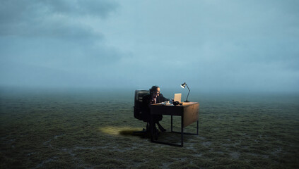 Businesswoman working alone at desk with laptop and lamp in foggy field at night, atmospheric concept of ambition, and deep strategic thinking away from corporate routine.