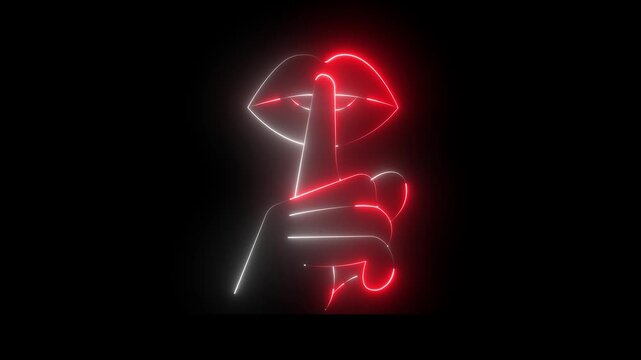 Glowing neon please quiet icon isolated on black background. fingers over lips icon. Quiet sign, silent mode, silence, no loud sound, Silence Concept. HD video motion graphic animation .
