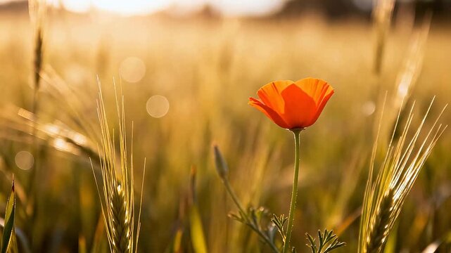 Solitary orange poppy in golden field