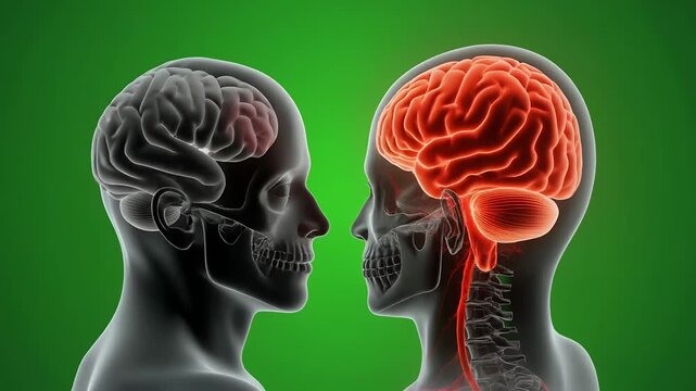 Xray transparent heads reveal human brain anatomy on green background.
