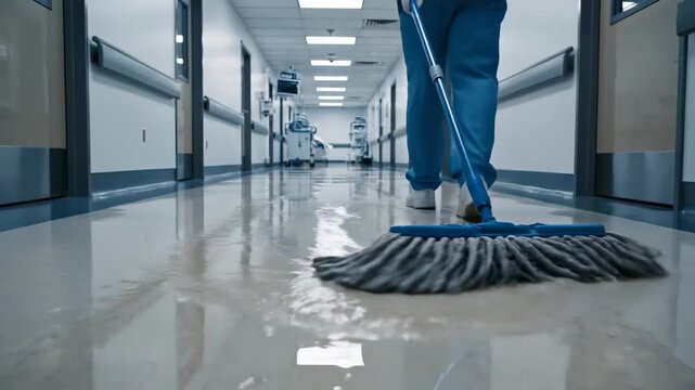 In a serene hospital corridor flooded with soft, diffused light, a diligent staff member skillfully mops the glistening floor.