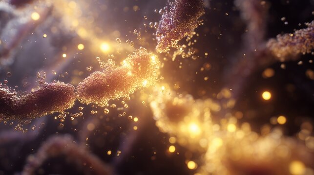 Abstract molecular strand with glowing particle flow representing biomarker testing and gut health analysis.