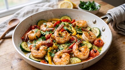 Shrimp and vegetable stir fry in a ceramic skillet. Healthy dinner with prawn, zucchini, tomato and bell pepper. Homemade gourmet Mediterranean cuisine for balanced diet and nutrition.