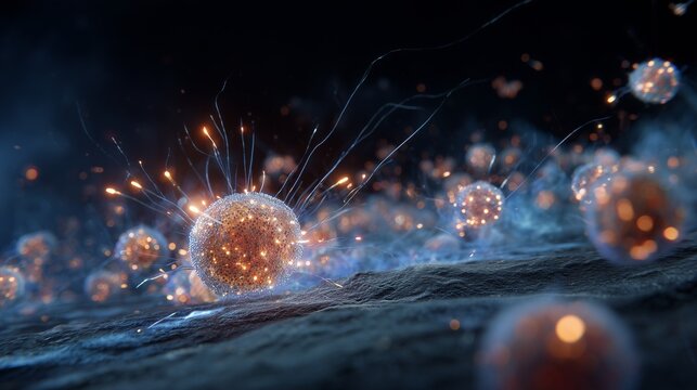 Spherical targeted therapy particles interacting with tumor cell surface, representing precision oncology treatment and molecular targeting in cancer therapy.