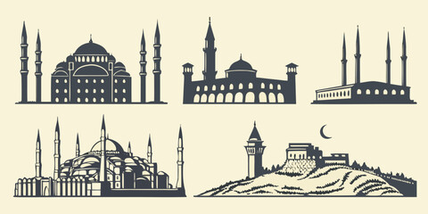 Six different architectural structures with minarets and domes from various cultures and periods © arshad