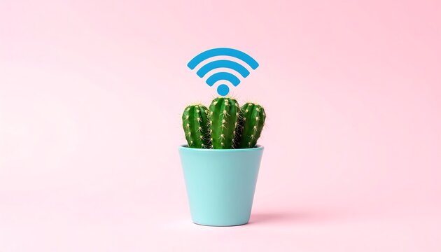 A cactus with a WiFi signal icon growing in a small ceramic pot.