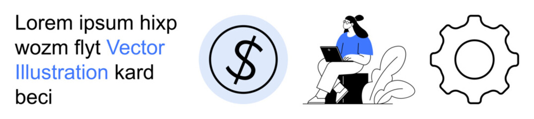 Obraz premium Financial planning, remote work, productivity, online business, digital tools, operational efficiency. Dollar sign, woman using laptop gear outline. Financial planning and remote work concepts